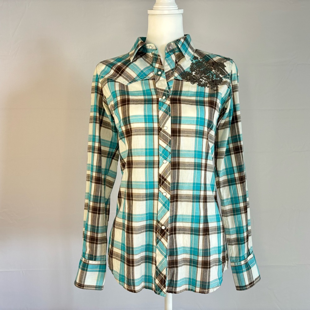 Ariat Women’s Fitted Plaid Western Shirt S – Turquoise Brown with Sequin Accent
